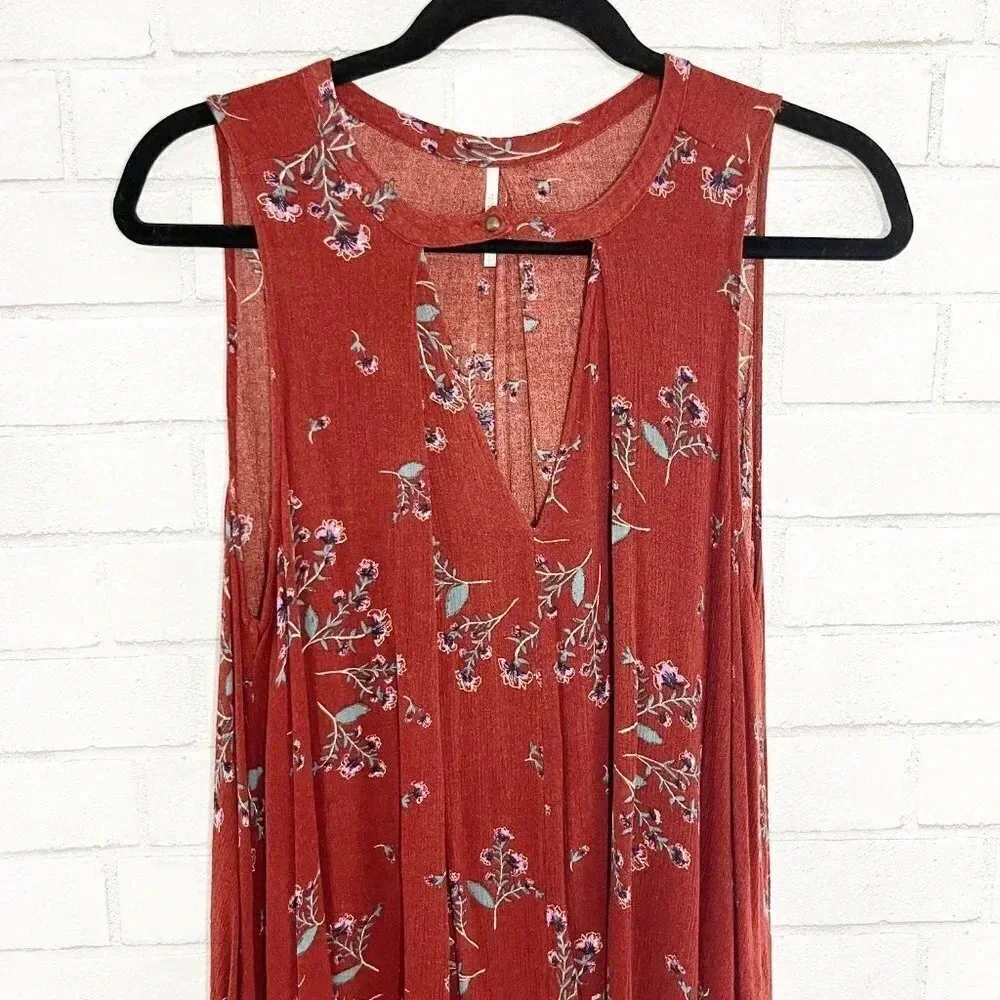 Free People Burnt Red Floral Sleeveless Boho Tunic Mini Dress Women's Size Small